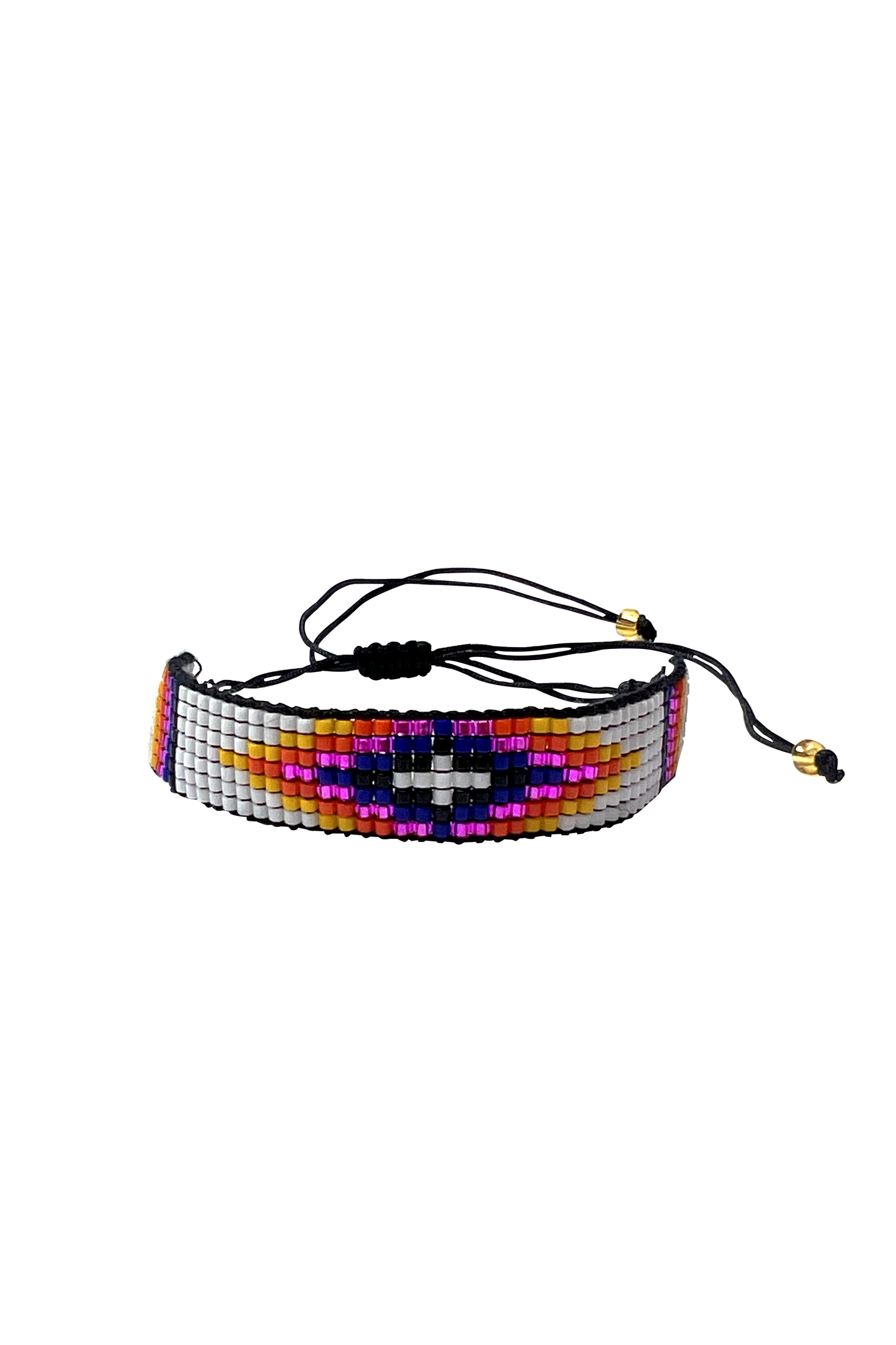 Woven beaded bracelet with mixed white purple pinkbeads and adjustable square knot closure.