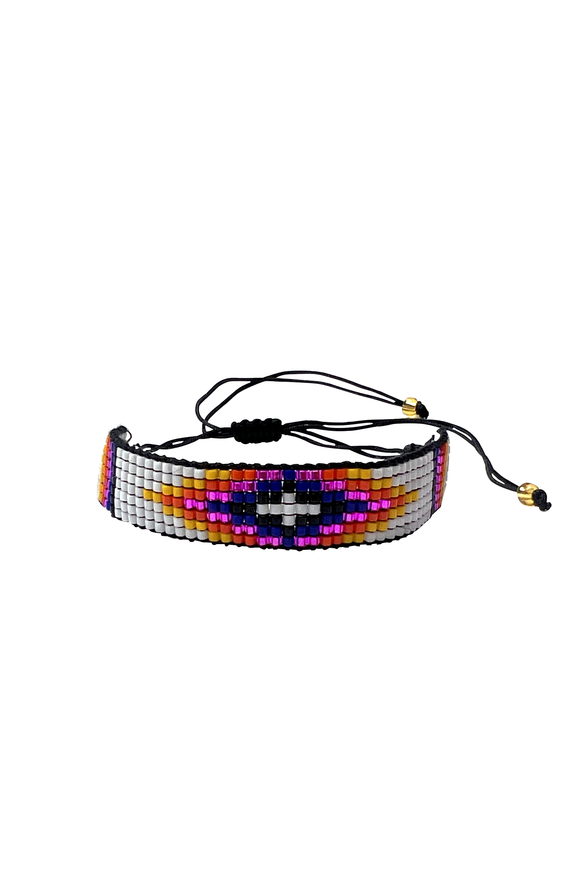 Woven beaded bracelet with mixed white purple pinkbeads and adjustable square knot closure.