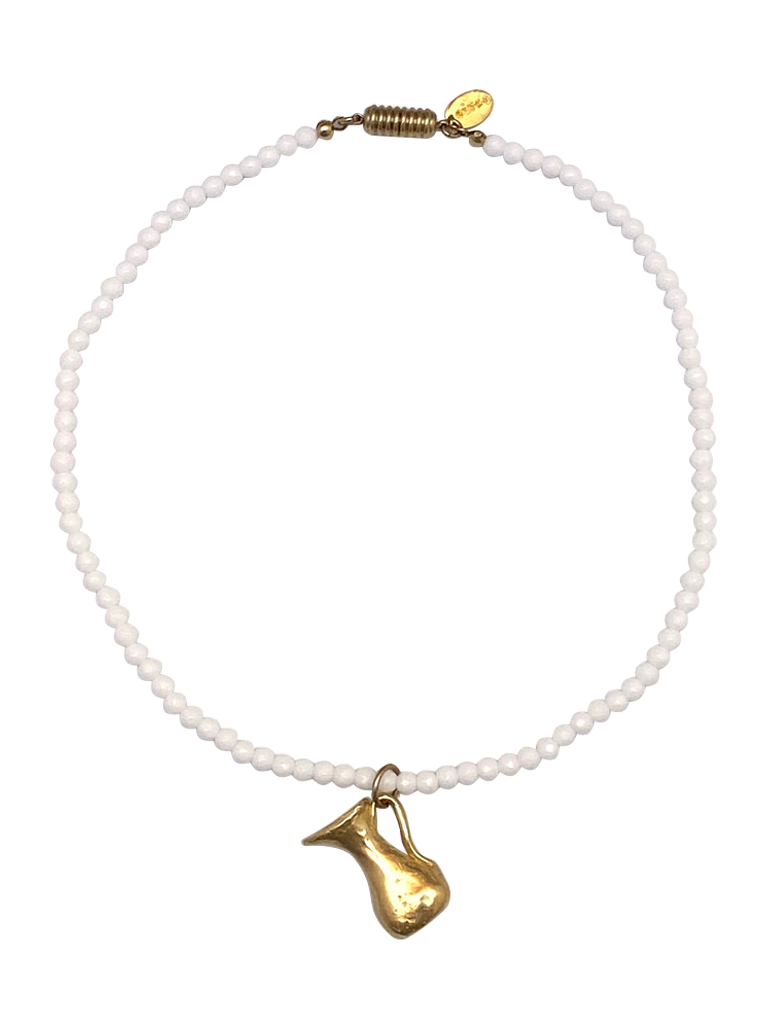 Handmade necklace with white glass beads and a brass jug pendant
