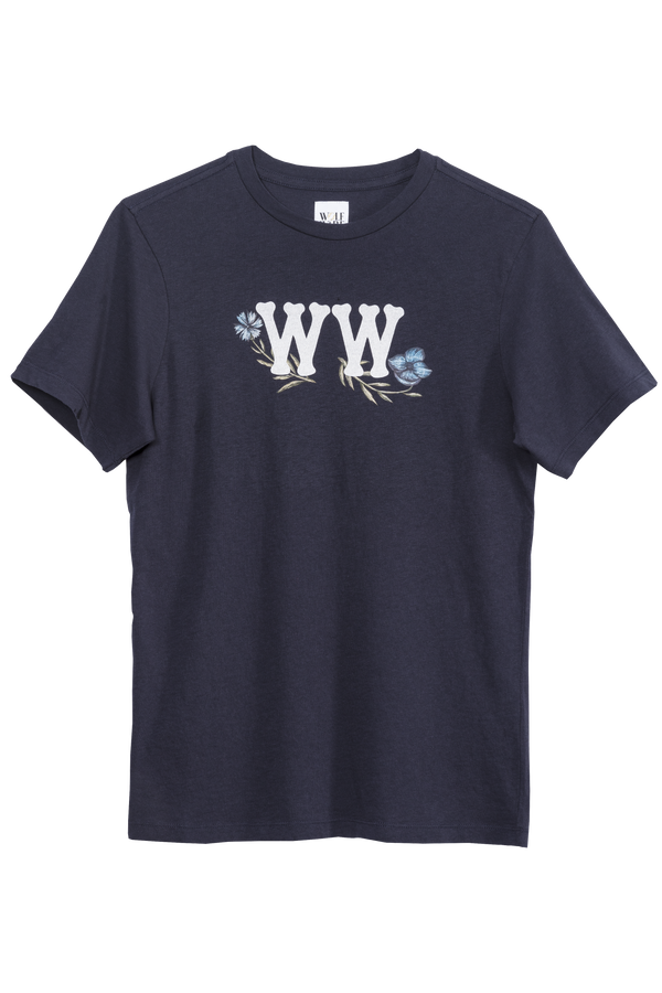 Navy WolfWare logo t-shirt with graphic floral WW print