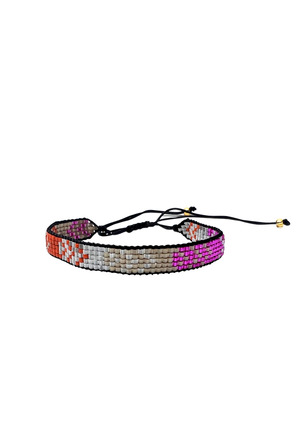Woven beaded bracelet with mixed orange cream pink beads and adjustable square knot closure.