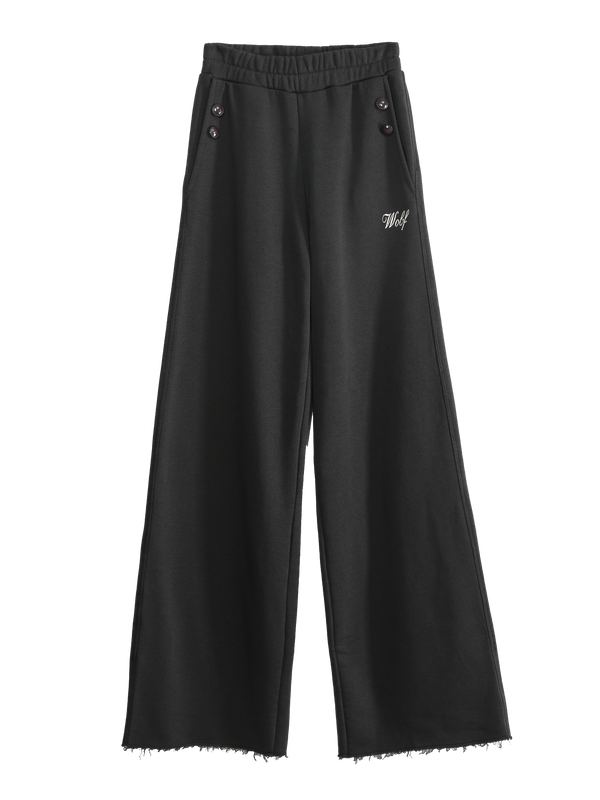 Black flared leg track pants with elastic waistband and buttons on side pockets and ''Wolf'' embroidery