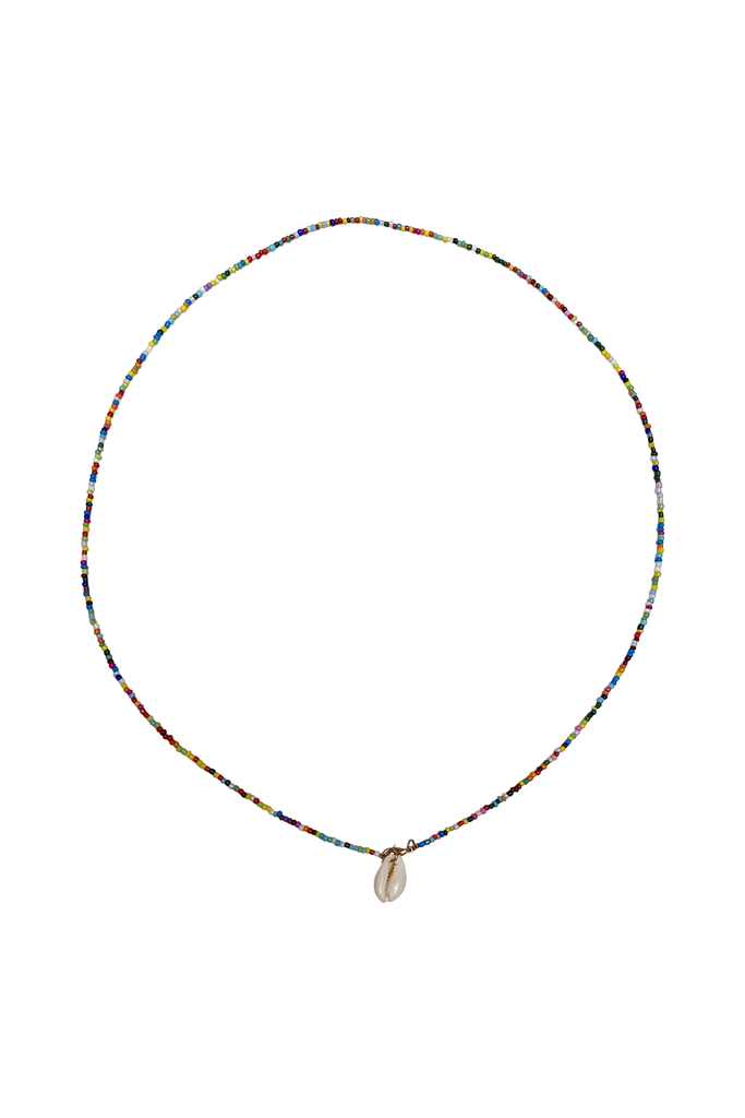 multicolor glass seed bead necklace with shell pendant and gold clasp