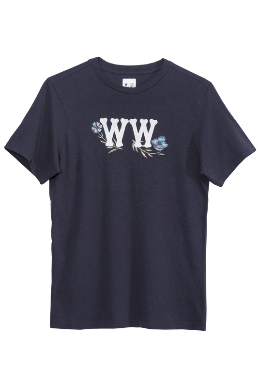 Navy WolfWare logo t-shirt with graphic floral WW print