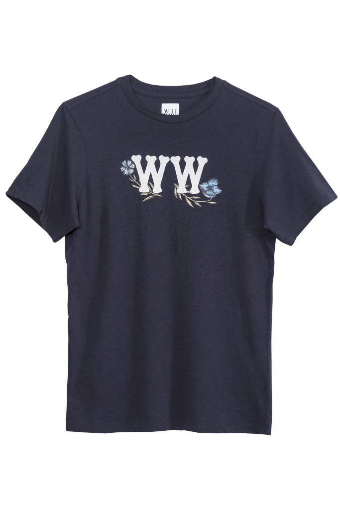 Navy WolfWare logo t-shirt with graphic floral WW print