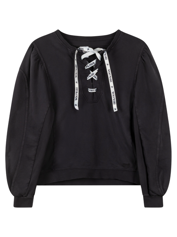 Black sweater with voluminous balloon sleeves and lace-up fastening with ''WolfWare''-logo drawstring at the front