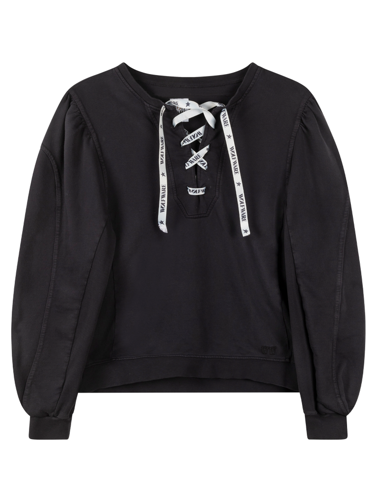 Black sweater with voluminous balloon sleeves and lace-up fastening with ''WolfWare''-logo drawstring at the front