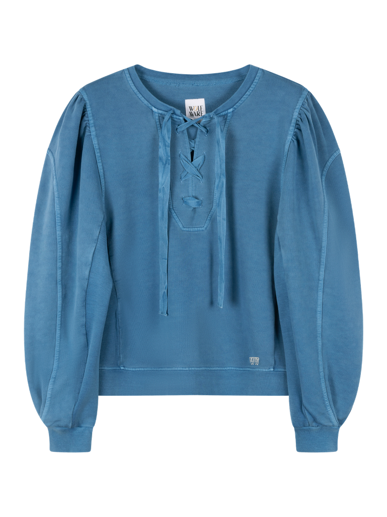 Blue cotton sweat with voluminous balloon sleeves and lace-up front detail